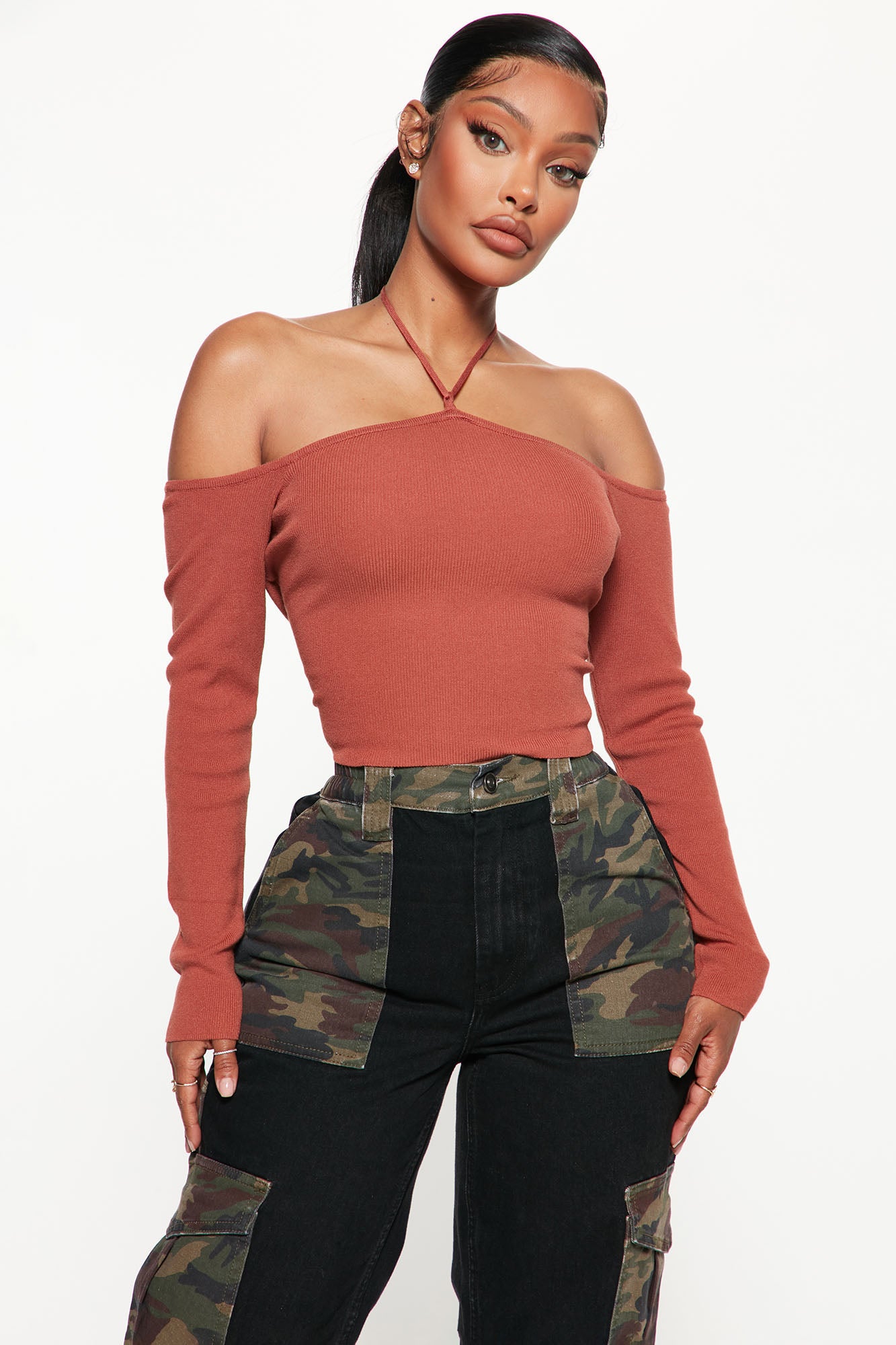 Tan off discount shoulder sweater