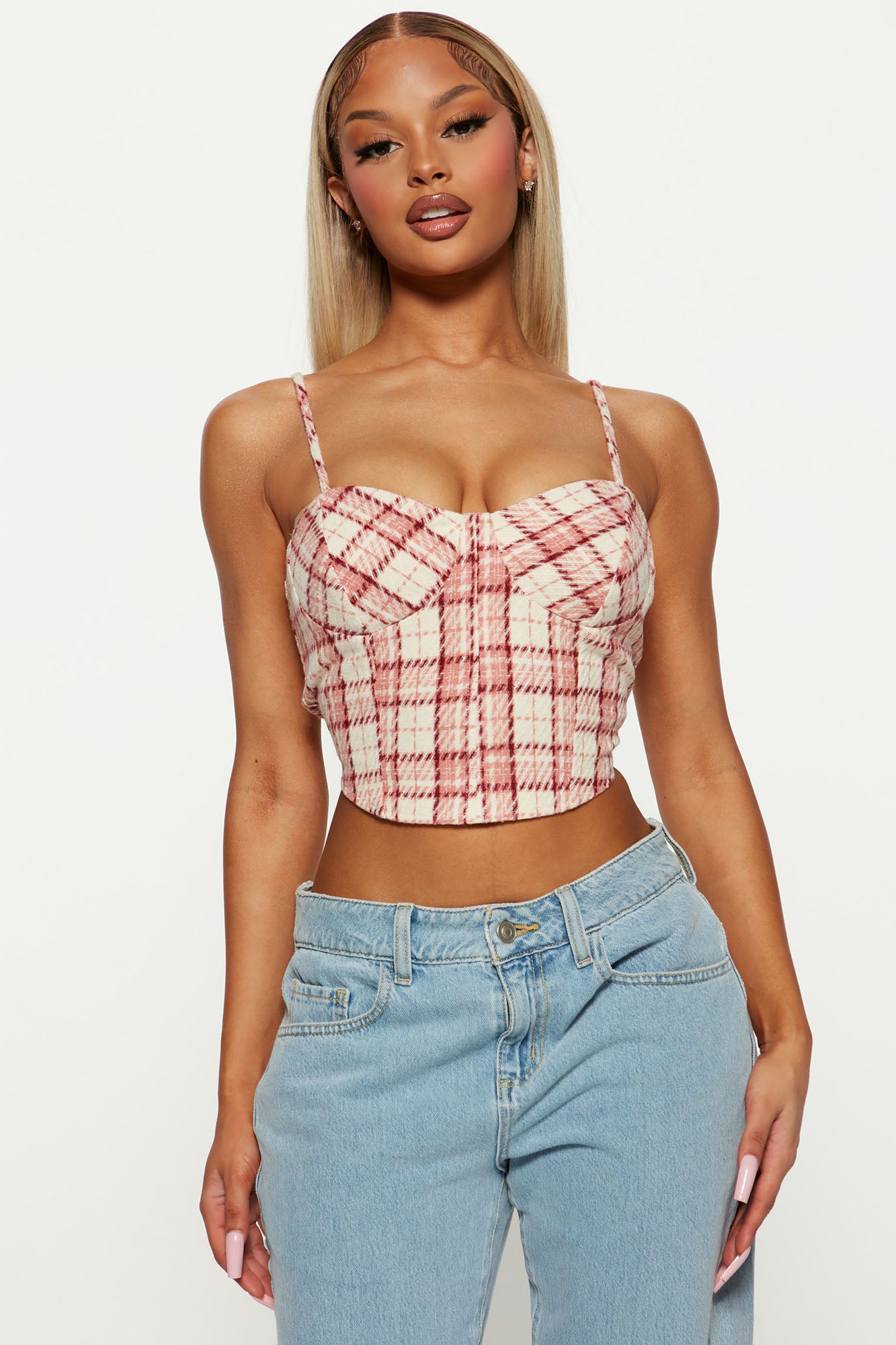 Been A Minute Plaid Bustier Top - Burgundy/combo