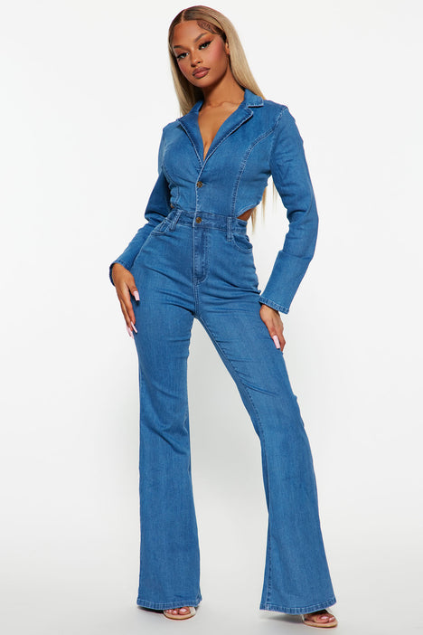 Jeans jumpsuit deals fashion nova