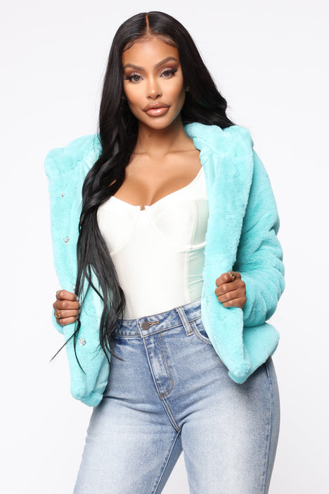 Aqua faux top fur coat