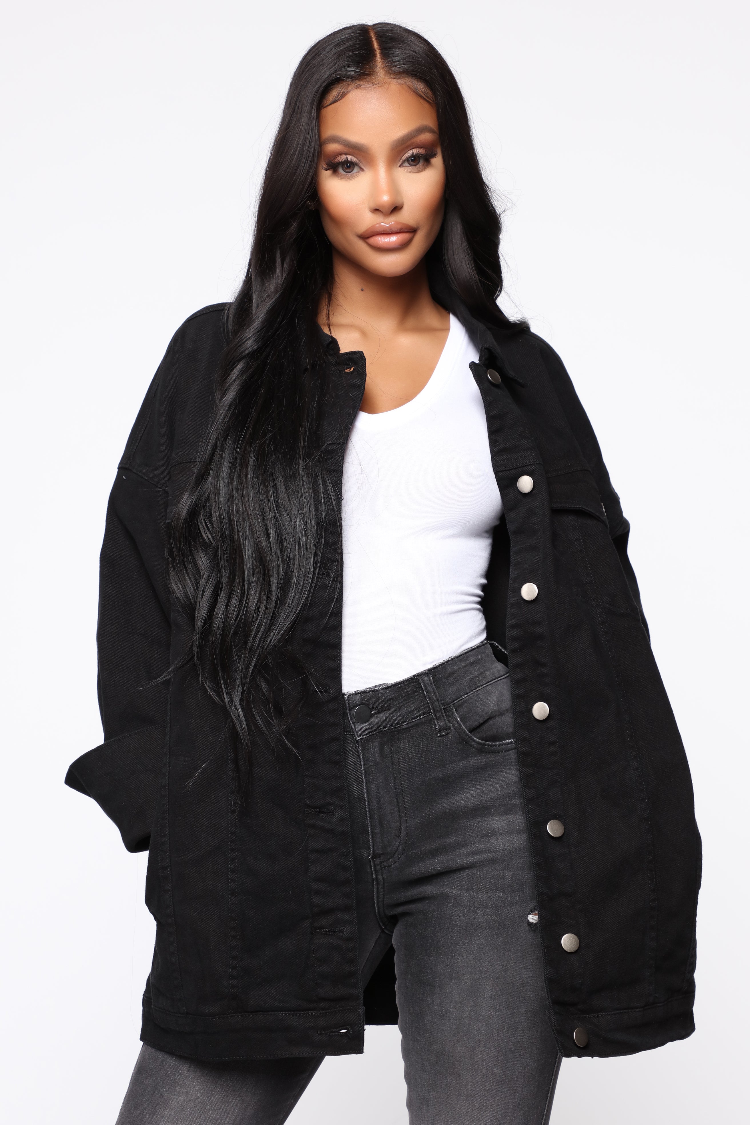 Black denim jacket longline sale