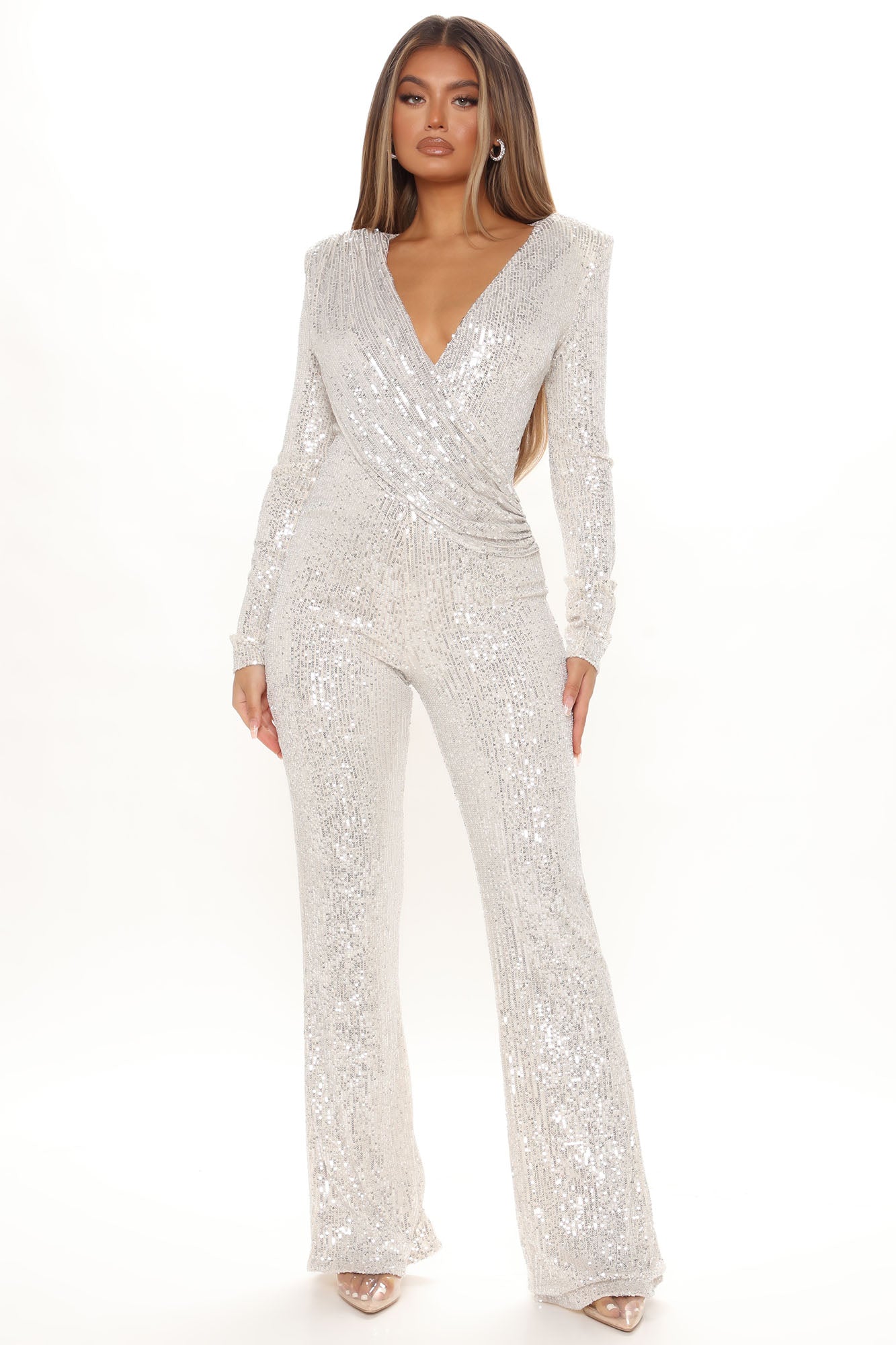 Long sleeve 2025 silver sequin jumpsuit