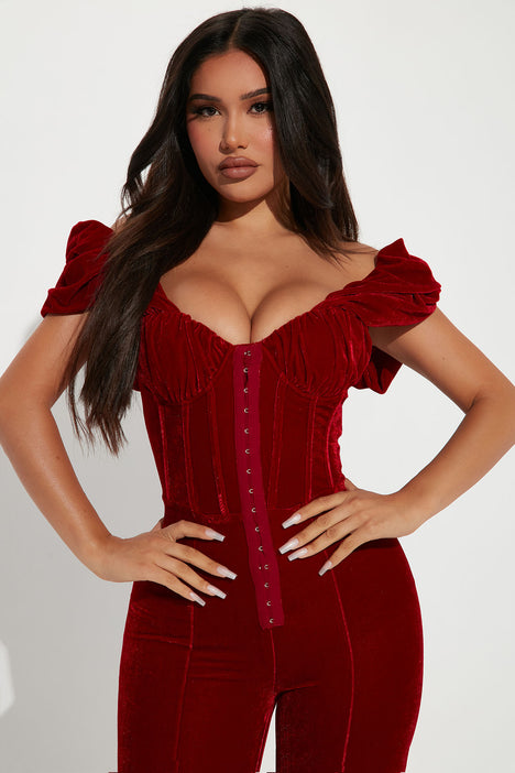 Fashion nova red velvet jumpsuit online