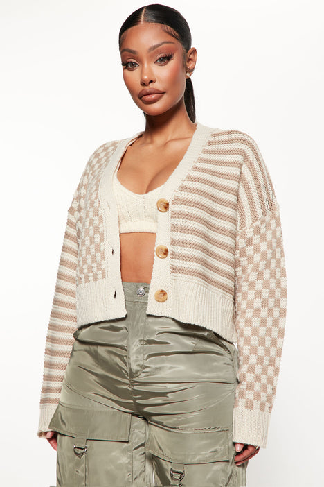 Checked And Striped Cardigan Oatmeal combo Fashion Nova Sweaters Fashion Nova