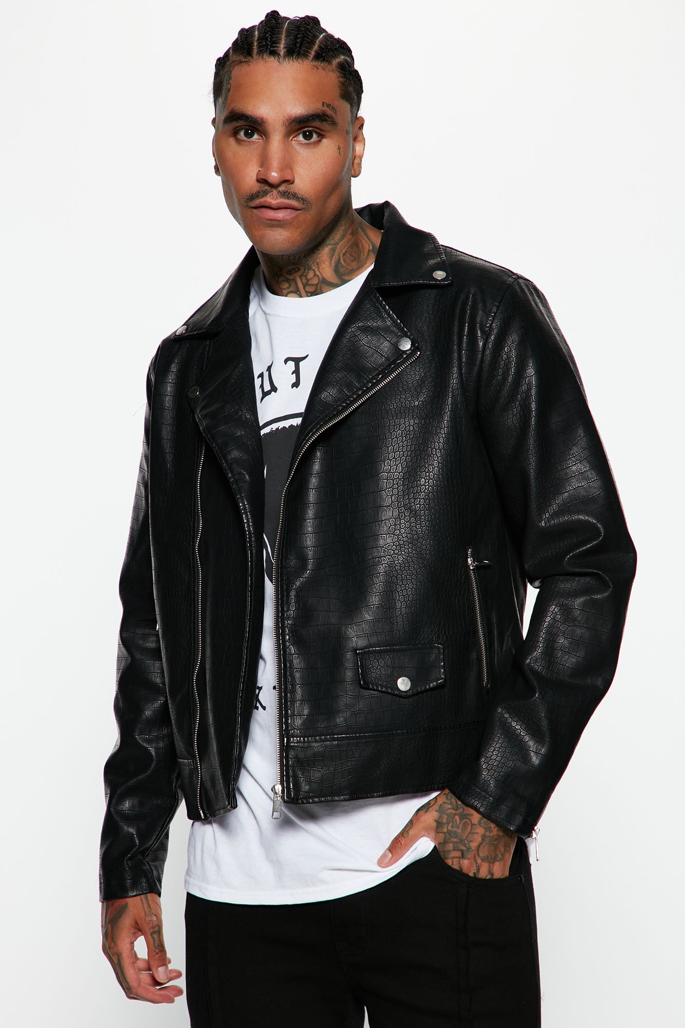 Men's Crocodile Faux Leather Moto Jacket in Black Size Large by Fashion Nova