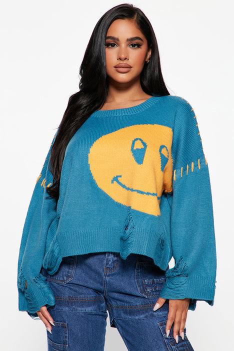 Happy Go Lucky Distressed Sweater Teal combo Fashion Nova