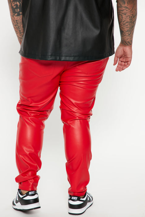 Red leather store jogger pants