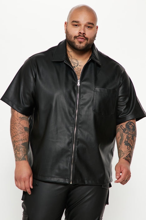 The Latest Faux Leather Short Sleeve Zip Up Shirt Black