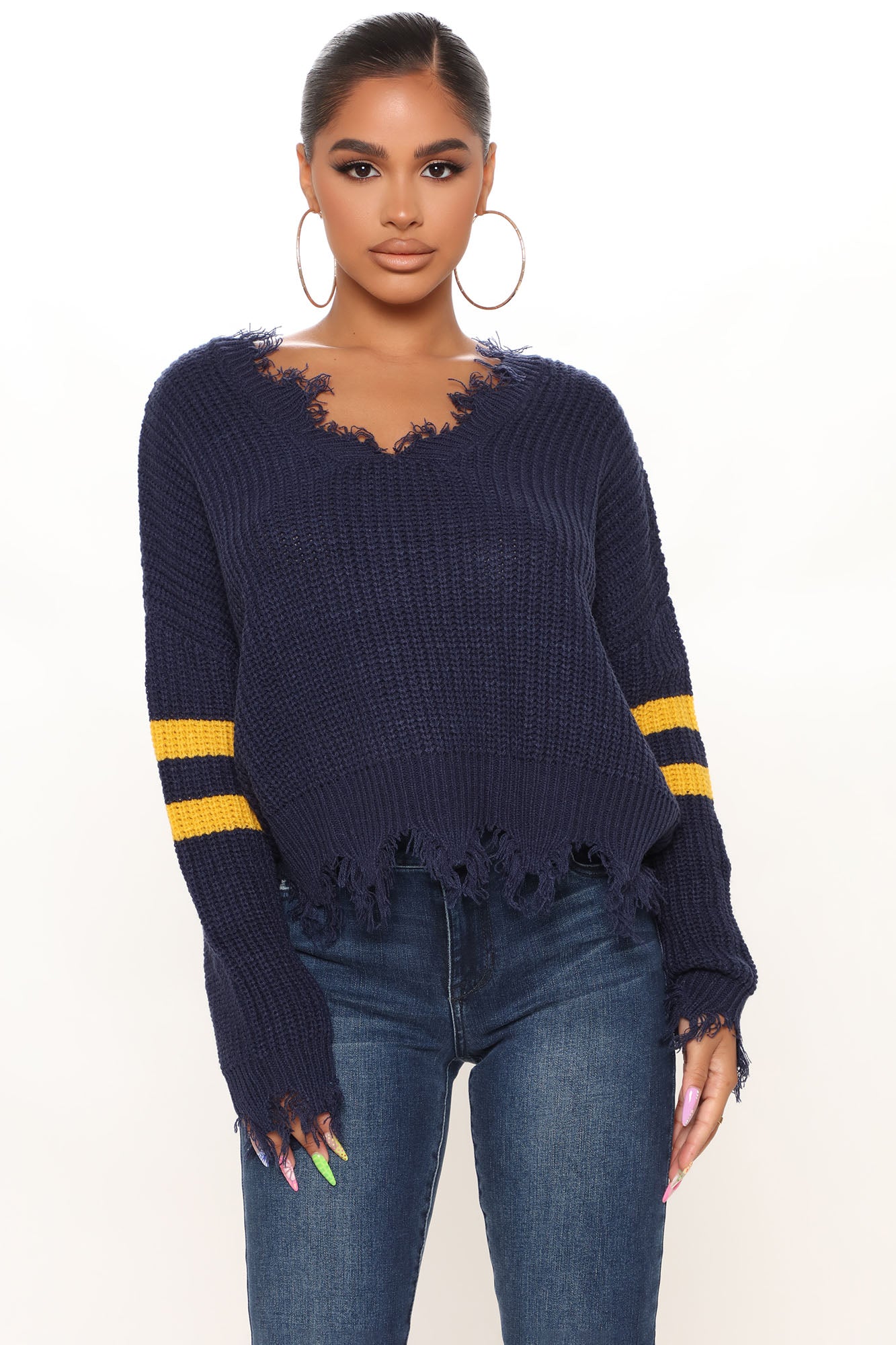 Keeping You Close Distressed Sweater Navy