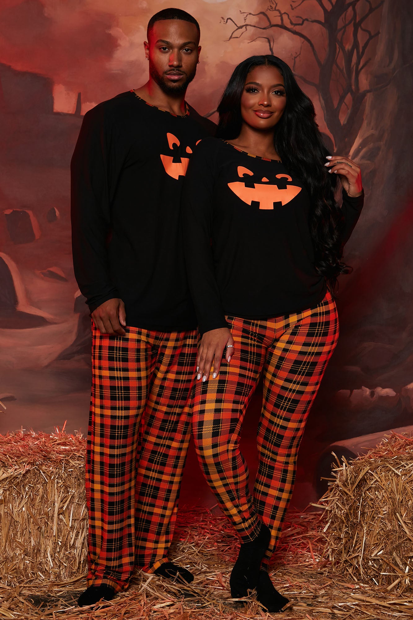 Spooky Pumpkin Halloween PJ Set - Black/Orange