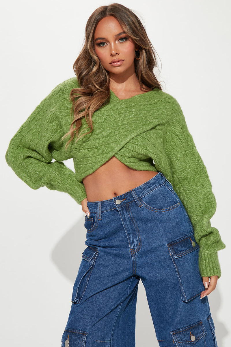 All Things Sweet Cable Knit Crossover Sweater - Green | Fashion Nova ...