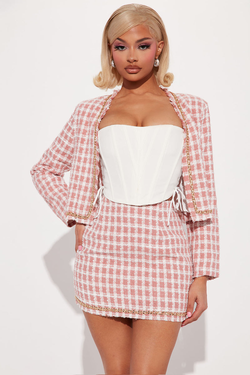 Pink Tweed Coat Women's Two Piece Sets Sweet Double-breasted Short Jacket  and High Waist Mini Skirt Suits Plaid Matching Sets