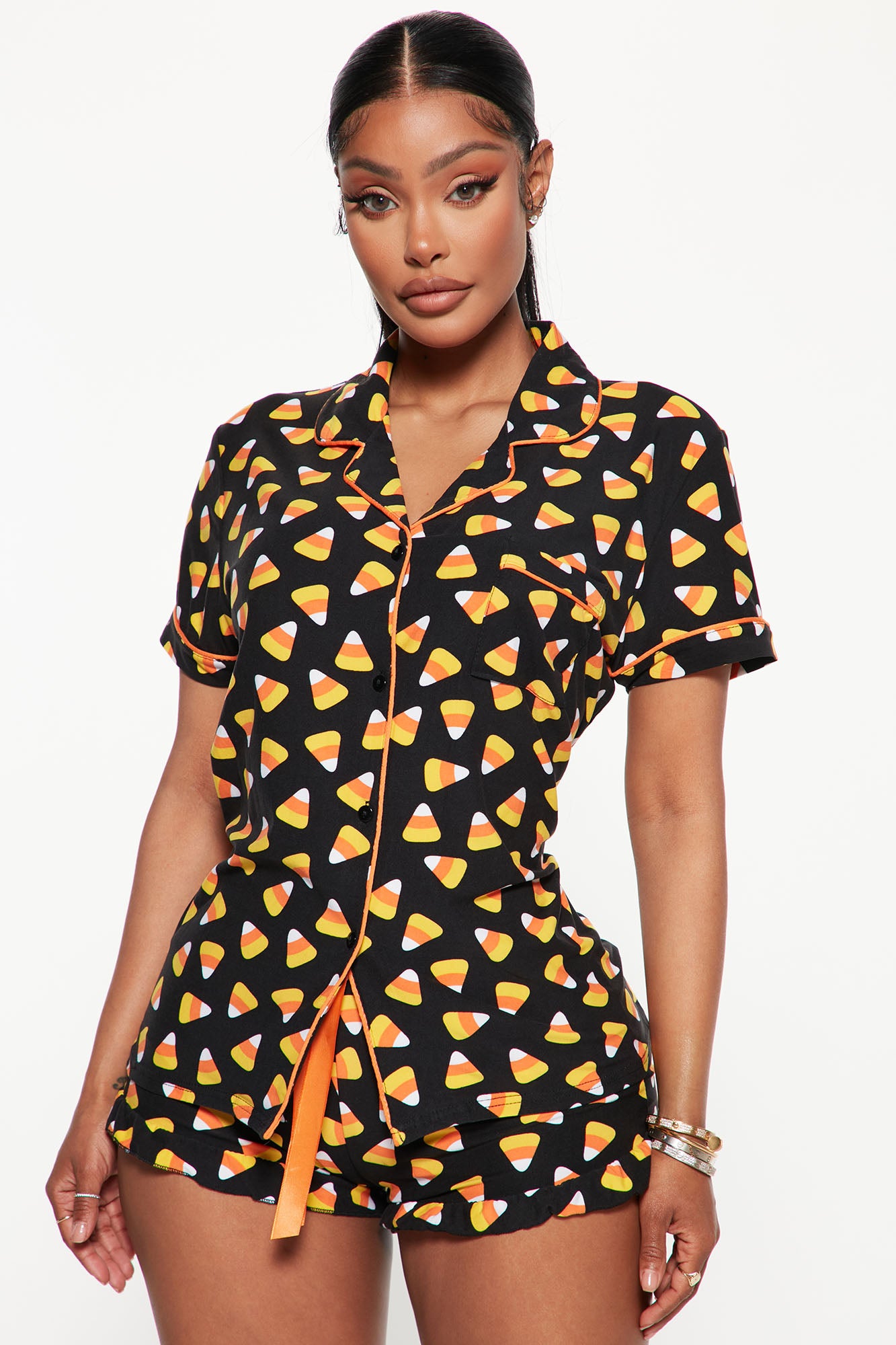 Sweet Like Candy Corn Halloween PJ Set Black combo