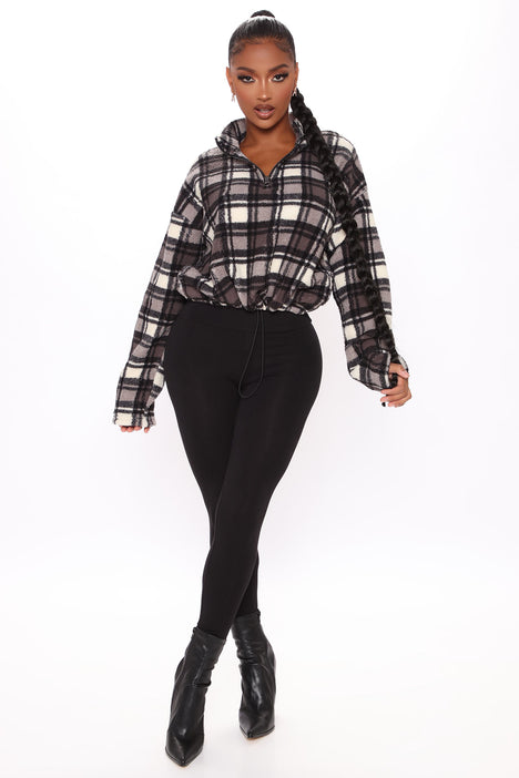Check You Out Plaid Sherpa Pullover Black combo Fashion Nova