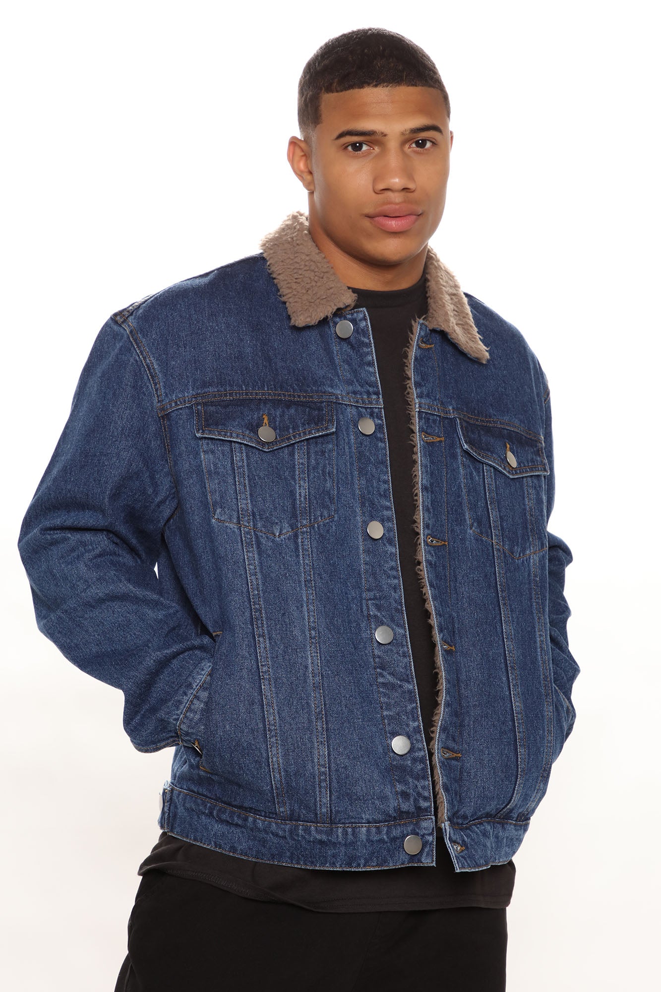 Mens denim jacket sales with sherpa collar