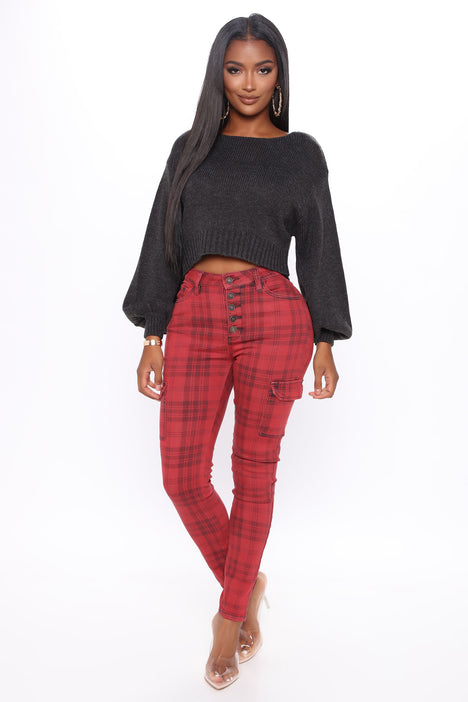 Red plaid hotsell skinny pants womens