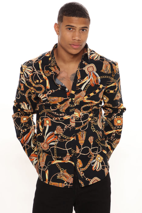 Gold chain button hotsell up shirt