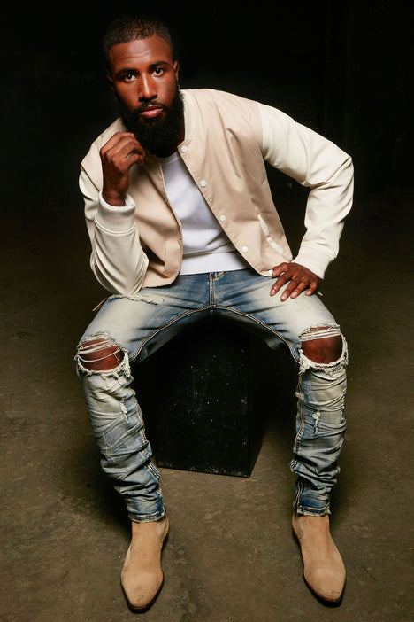 Denim and top twill letterman jacket