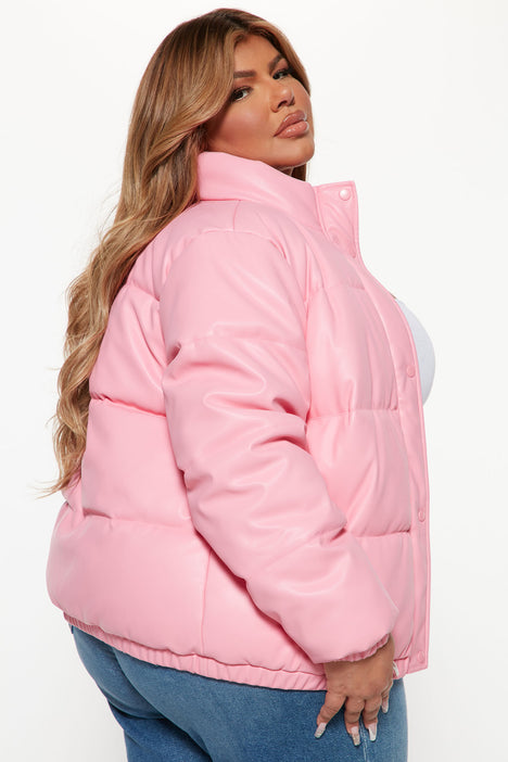 Pink leather puffer sales jacket