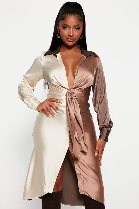 Beauty In A Bottle Satin Midi Dress Mocha combo Fashion Nova