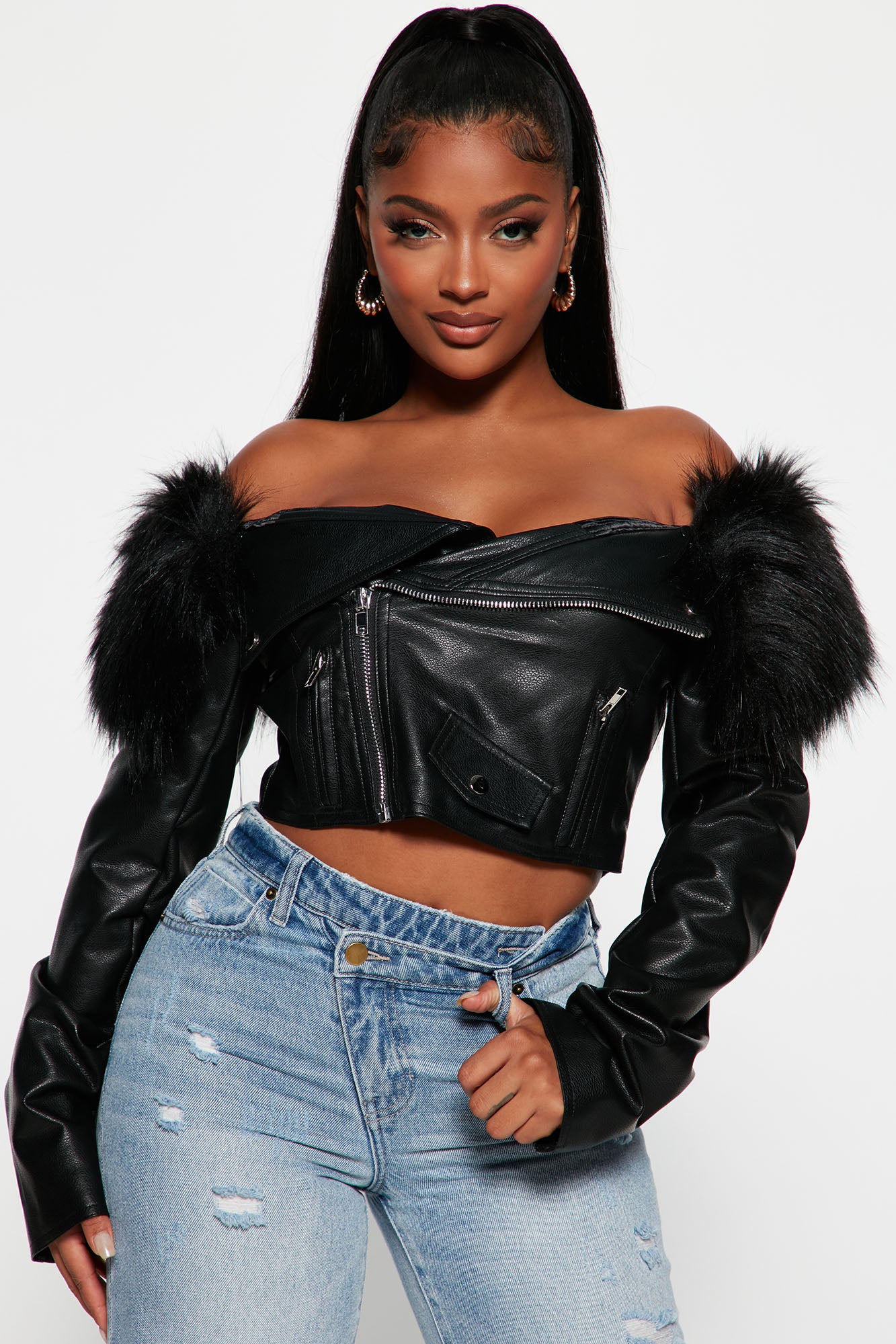 Cool Girl Off Shoulder Moto Jacket Black Black Fashion Nova