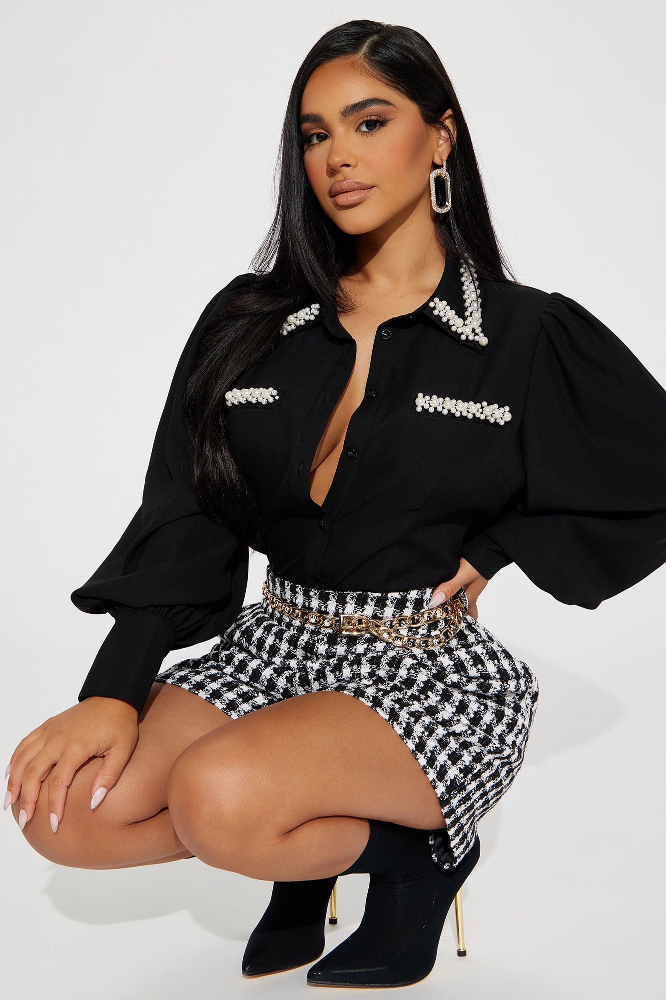Chic And Classy Pearl Shirt Black