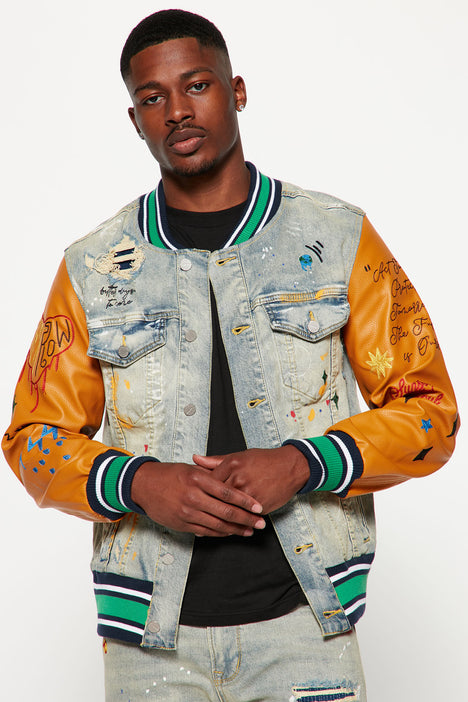 Positive Notes Denim Varsity Jacket With Faux Leather Sleeve