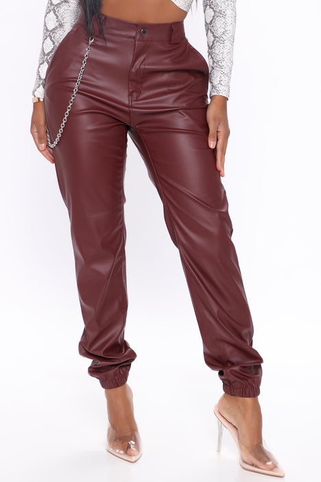 Burgundy leather joggers 2025