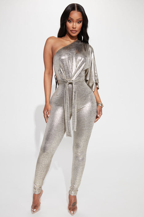 Fashion nova silver jumpsuit sales