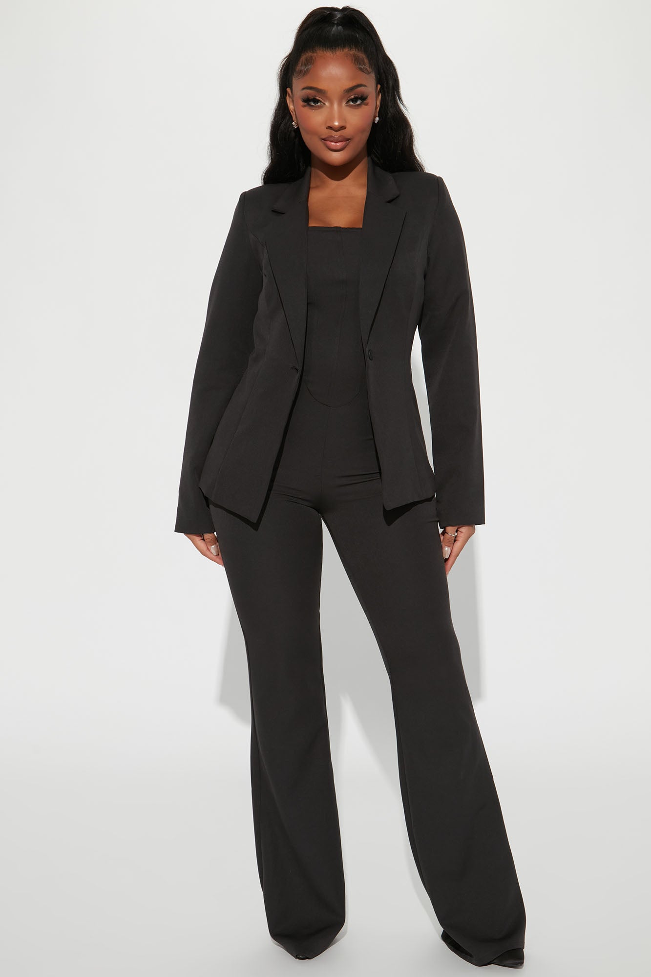 Black jumpsuit with black blazer discount