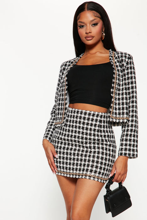 Petite Tweed Sets, Petite Mini Skirt Set Black Plaid