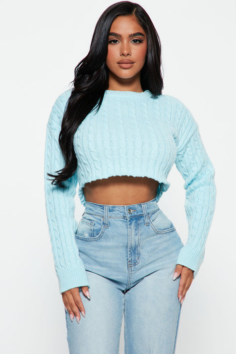 Caught Up Cropped Cable Knit Sweater Aqua Fashion Nova