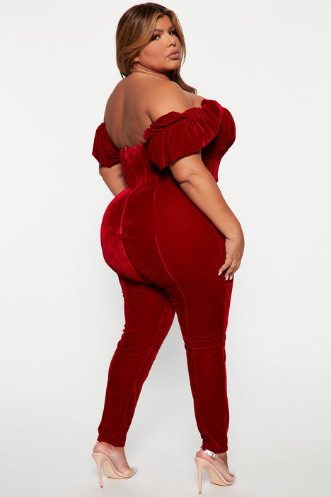 Fashion nova red velvet jumpsuit cheap