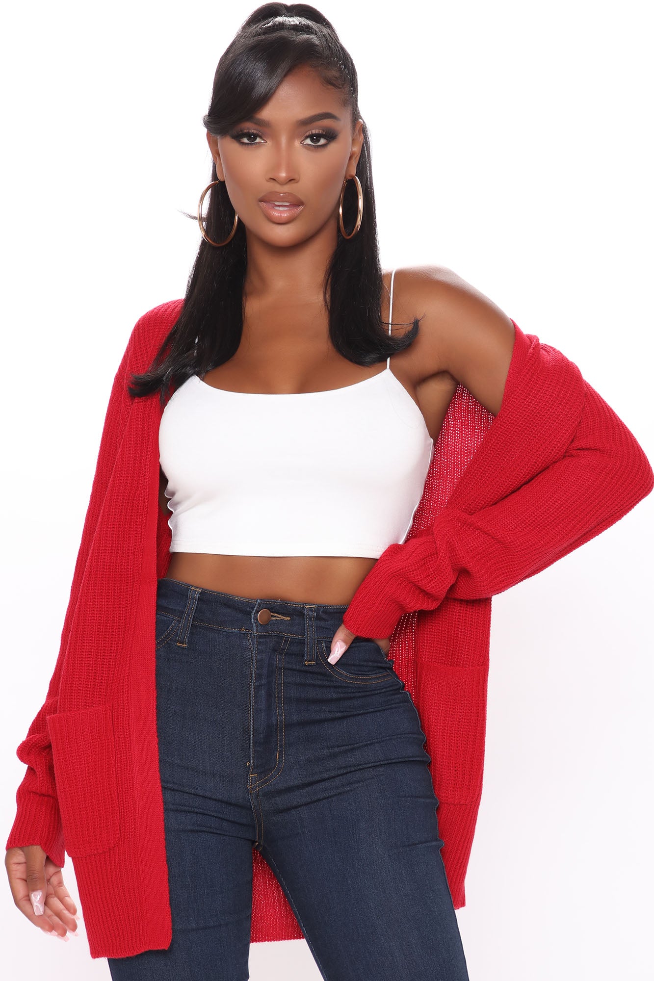 Red cardigan with pockets hot sale