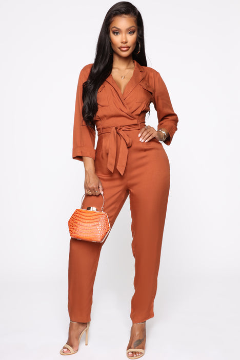 Start To Finish Cargo Jumpsuit Rust