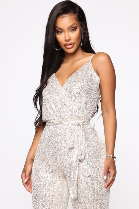 Fashion nova silver jumpsuit hotsell