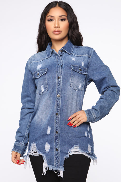 Never Fray Never Distressed Denim Shirt - Medium Blue Wash | Fashion Shirts & Blouses | Fashion