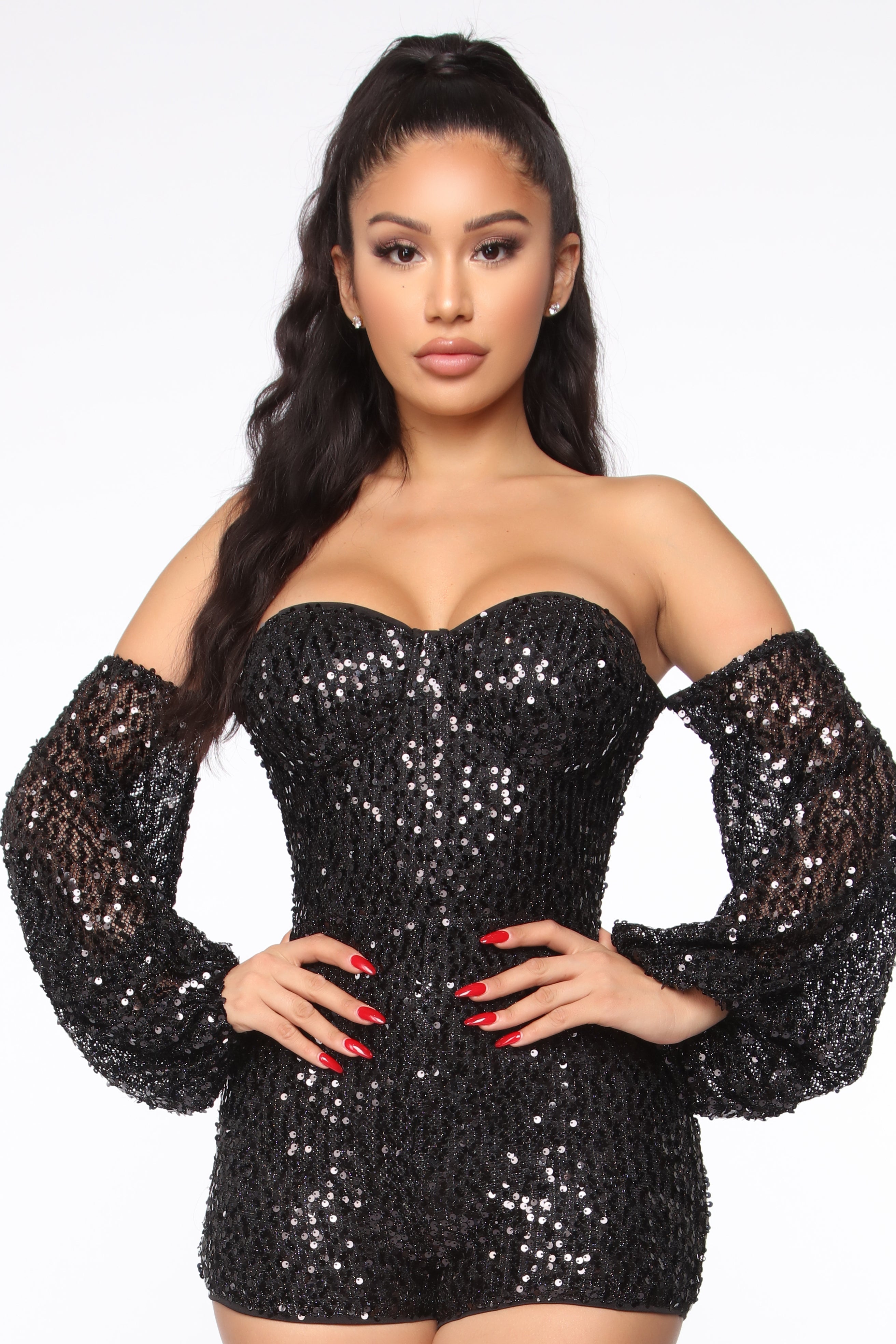 Off shoulder sequin outlet long sleeve romper