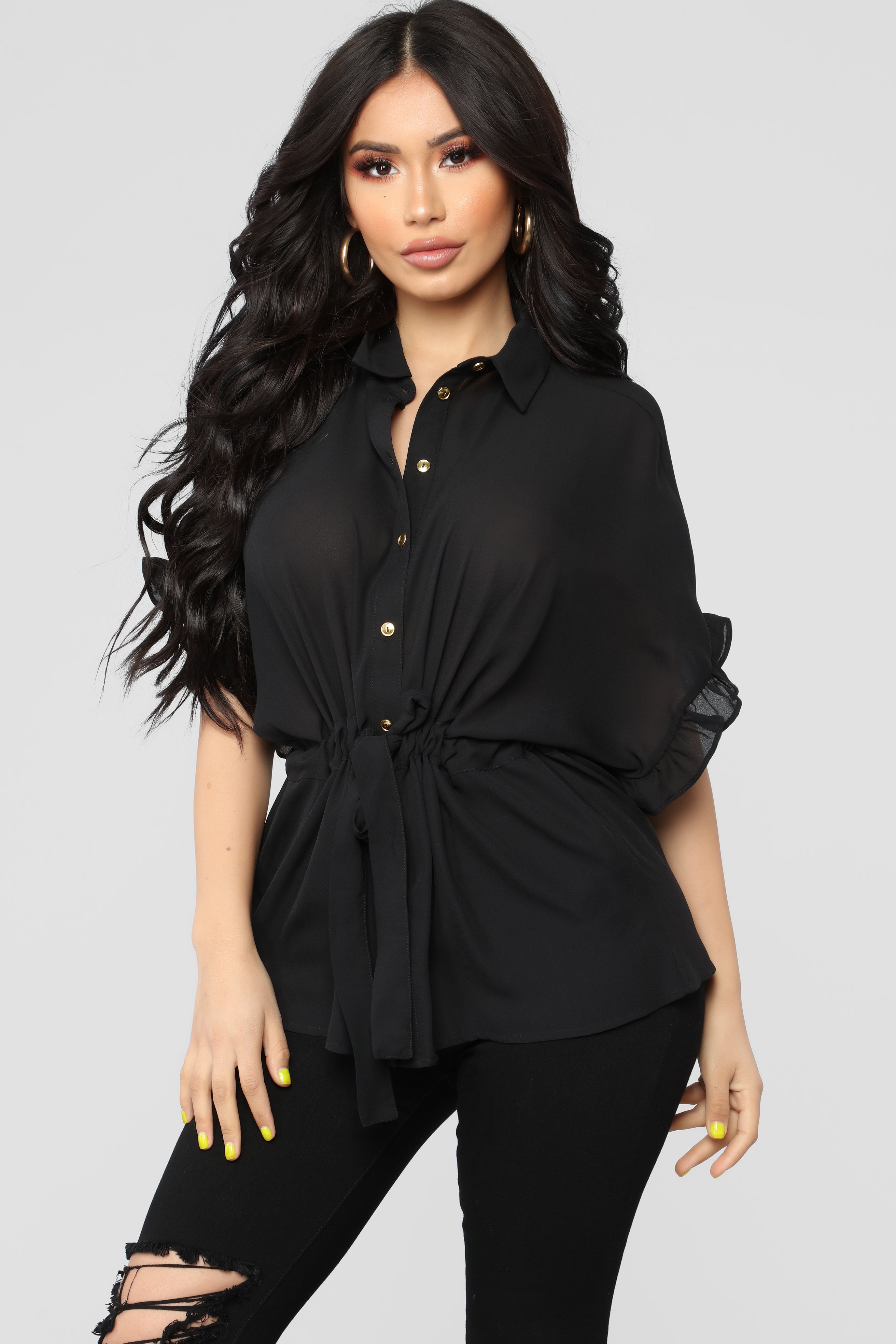 black ruffle button down shirt