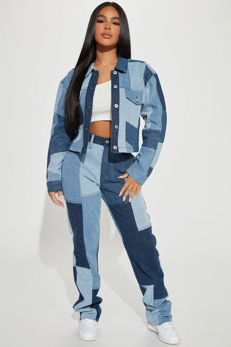 Women's Hey Girl Patchwork Denim Jacket in Blue Wash Size Medium by Fashion Nova