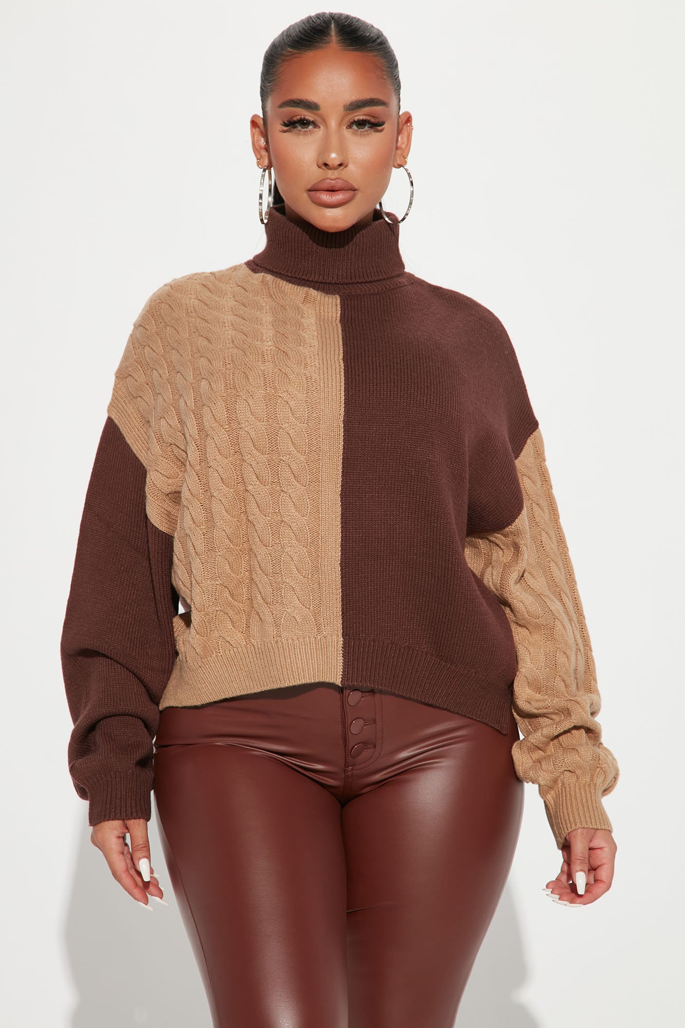 Seeing Double Colorblock Turtleneck Sweater Chocolate Combo