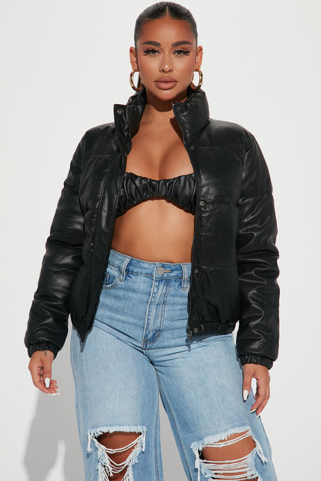 Upgrade You Faux Leather Puffer Jacket - Black