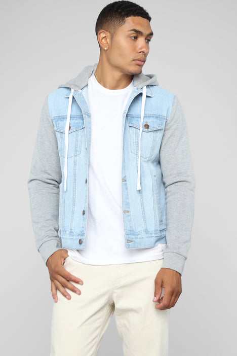 Blue denim jacket with sales white hoodie