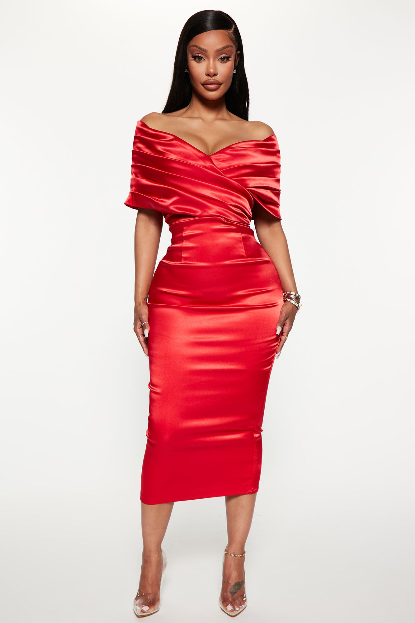 Satin red midi best sale dress