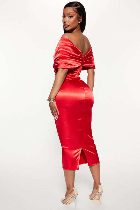 Red satin midi dress online