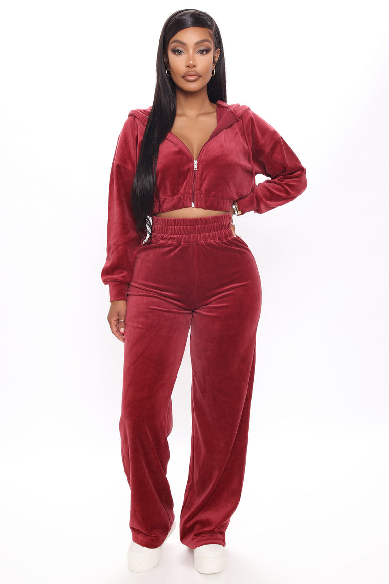 Drippin' In Chill Velour Crop Jacket And Pant Set - Burgundy | Fashion ...