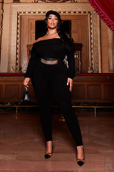 Fashion nova black off the shoulder jumpsuit sales