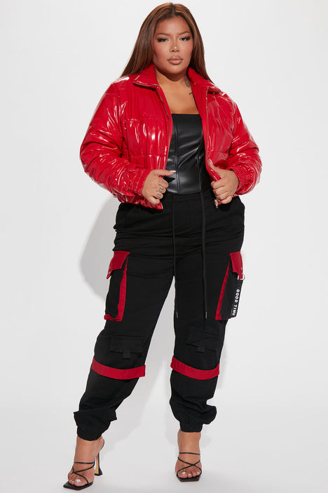 Red patent leather puffer jacket discount