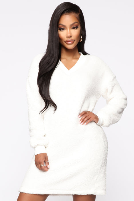 Keep It Toasty Sherpa Sweater Dress Off White