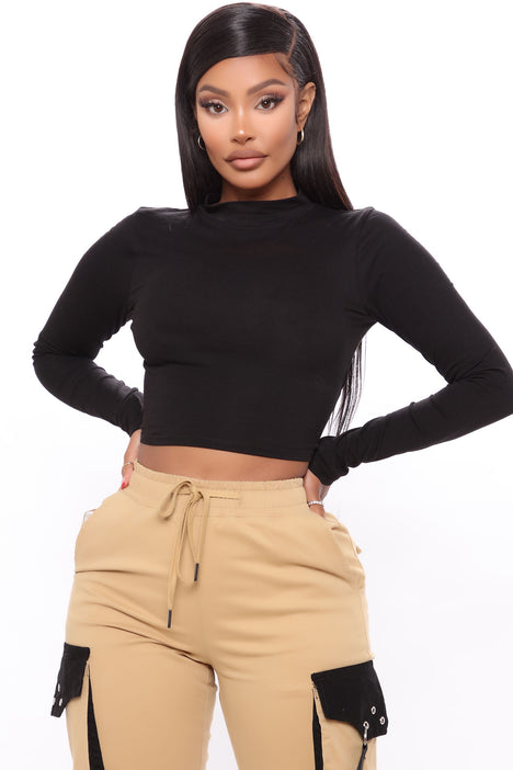 Black long sleeve mock neck crop top online